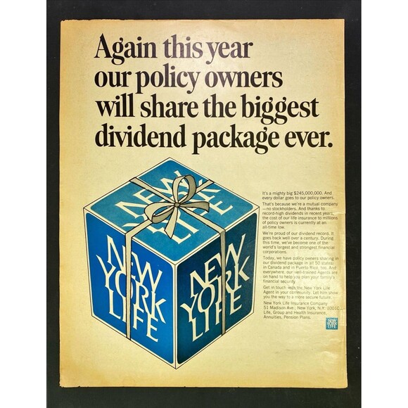 New York Life "Policy Holders Share biggest Dividend Package" Vtg  Print Ad 1968 - Picture 3 of 3